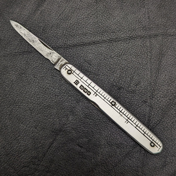 1904 年英國古董純銀手柄折疊迷你刀帶尺子